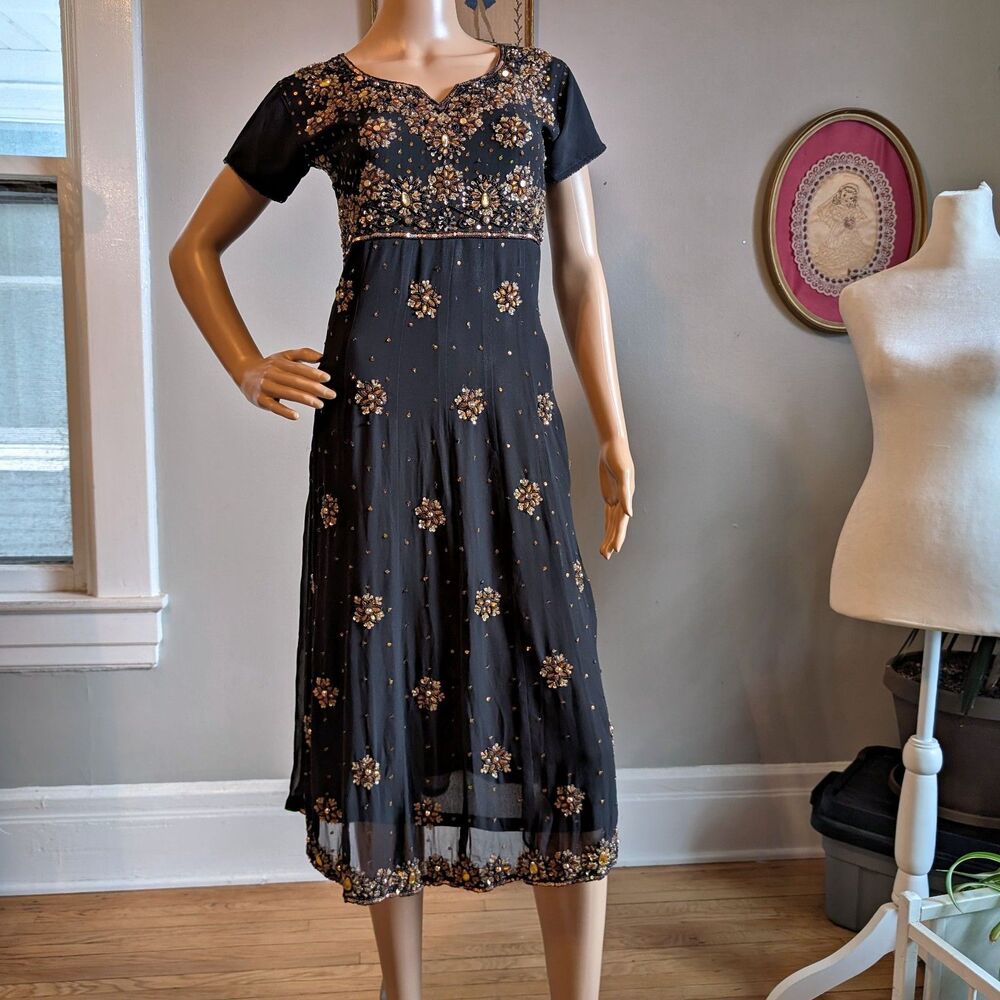 Vintage 1990s Beaded Midi Dress Sequins Whimsygoth India Empire Babydoll Medium